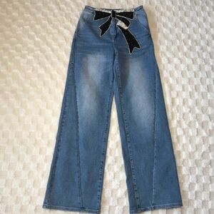 Muy Muy NWOT High Waist Rhinestone Bow Wide Leg